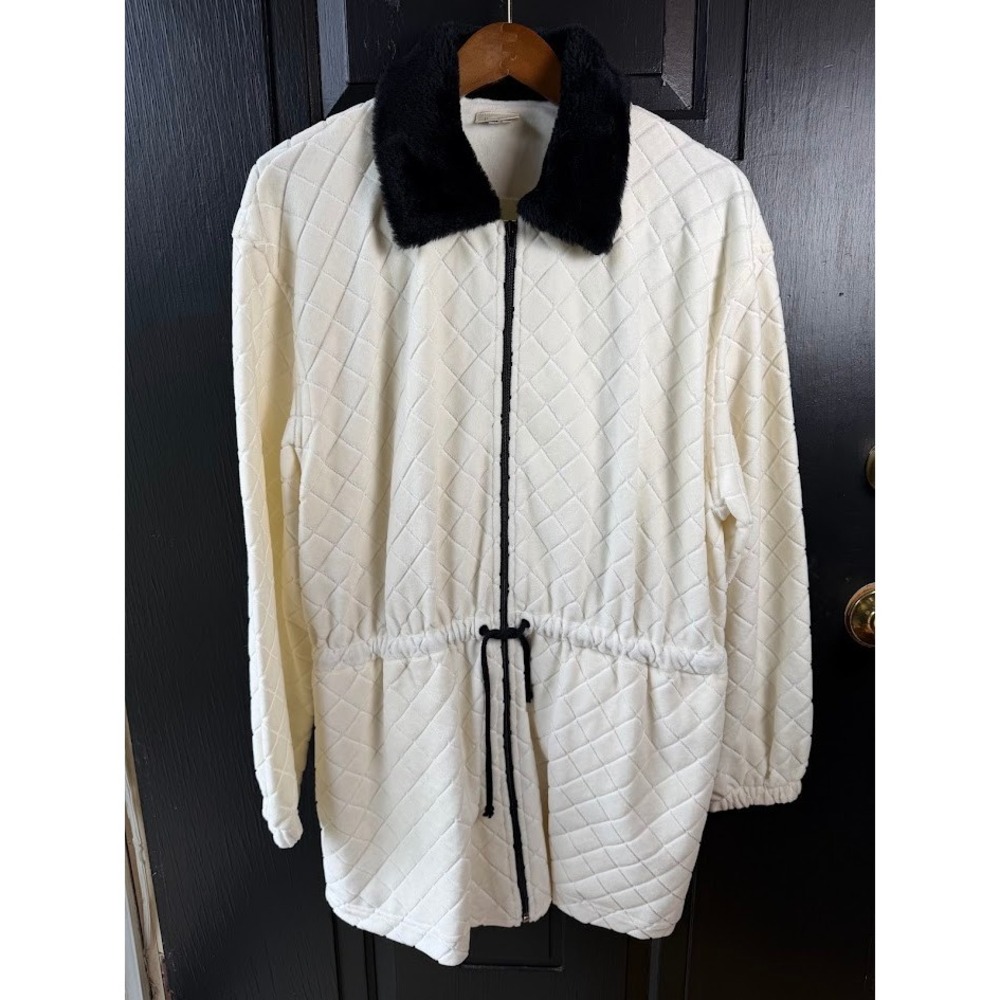Neiman Marcus Cream Quilted Faux Fur Collar Drawstring Waist Zip Up Jacket L - Picture 2 of 12